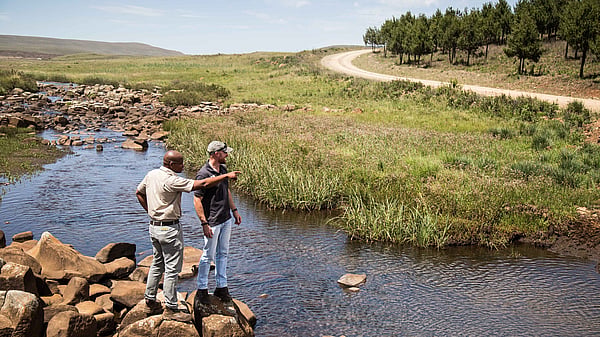 two men in neutral clothing on the edge of a river with a forest in the background. one of the men is pointing towards the forest